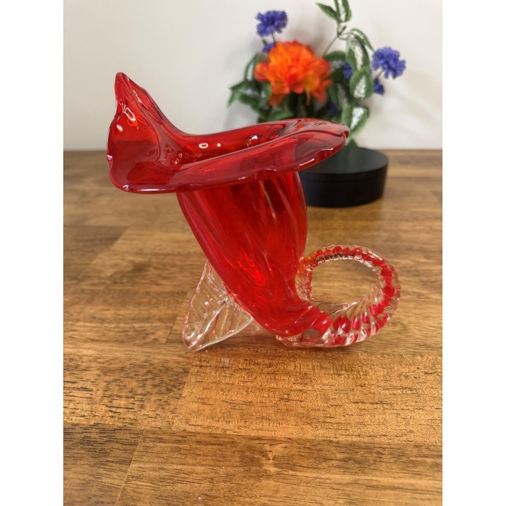 Vintage Mid Century Japanese Art Glass Red Cornucopia Vase‎ Twisted Handle Decor
